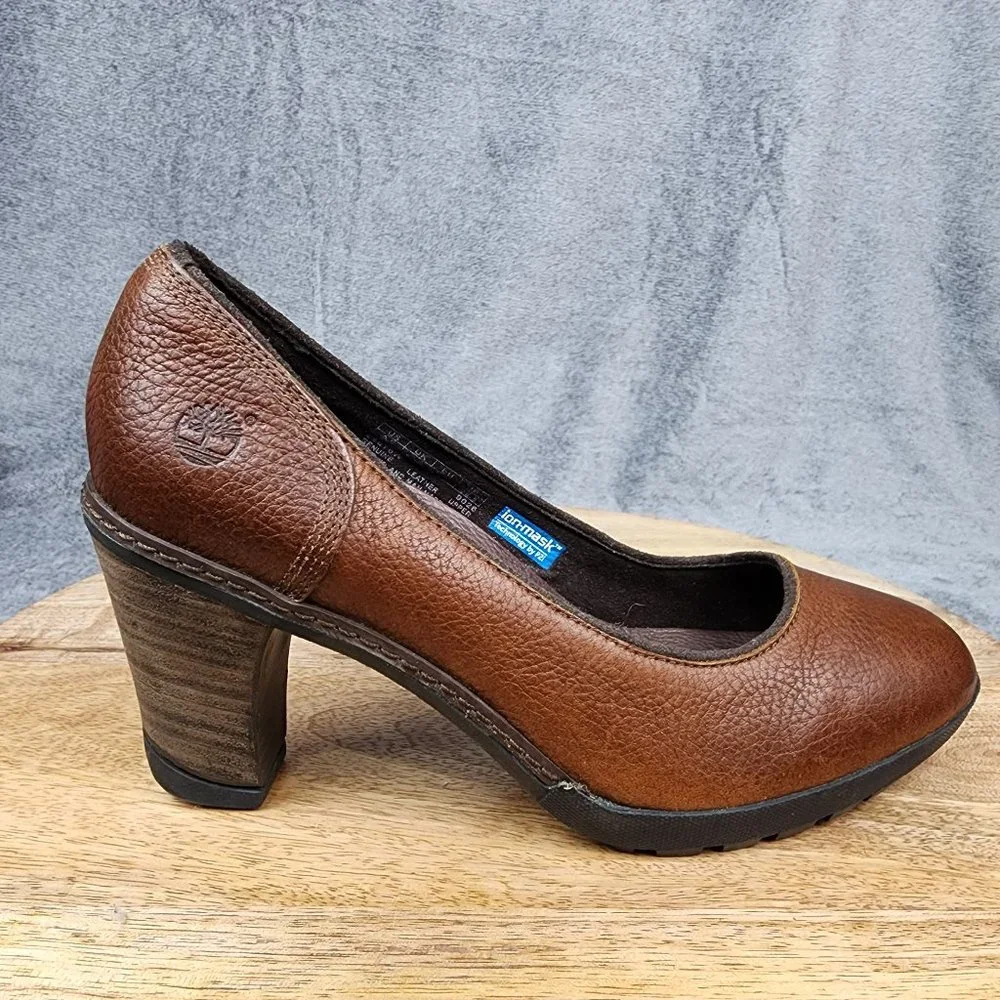 Timberland Pumps Women's 9.5 Wide Brown Leather Comfort Slip On Heels Shoes